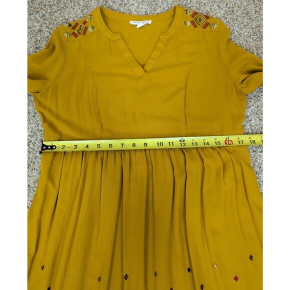 Womens S Boho Long Sleeve Dress Embroidered V Neck Gold Mustard Yellow Hippie - Picture 11 of 14